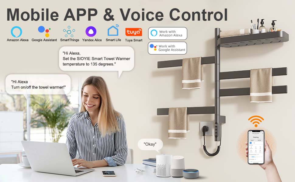 SIOYIE Smart Rotating Heated Towel Rack For Bathroom, Wall-Mounted Electric Towel Dryer With Swivel Bars & Shelf, Smart Timer, Low Carbon Steel, Plug-in/Hardwired, Towel Warmer With Wi-Fi App Control_voghion.com